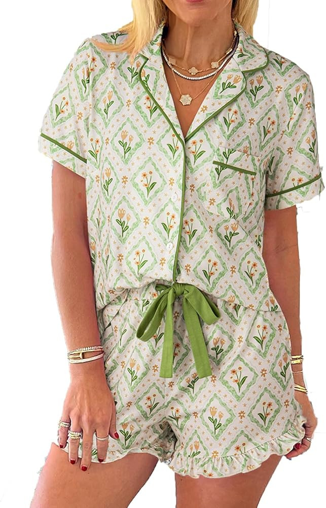 KevaMolly Womens Christmas Lounge Sets Candy Cane Print Pocketed Knotted PJ Set Short Sleeve Xmas... | Amazon (US)