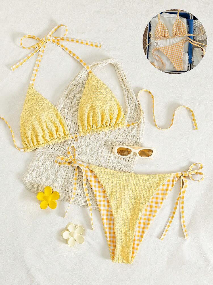 Swim Mod 2026 New Spring/Summer Plus Size Women Sweet Spaghetti Strap Reversible Yellow Triangle ... | SHEIN