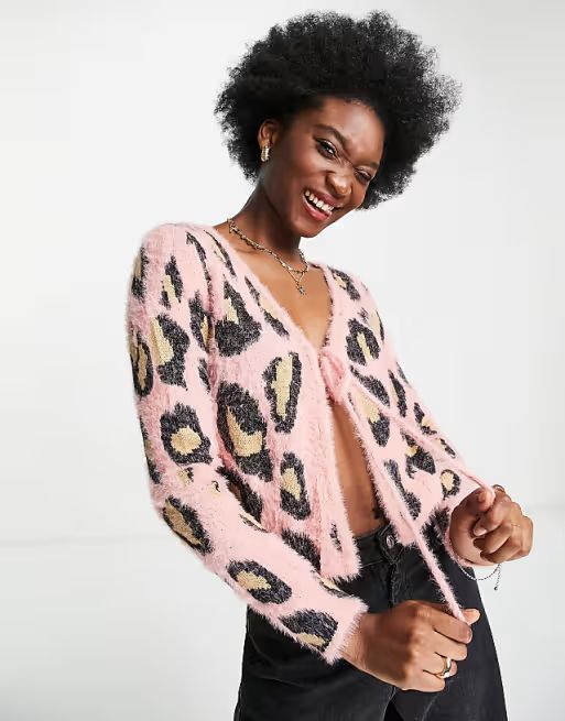 New Look fluffy knit tie front cardigan in pink animal print | ASOS (Global)