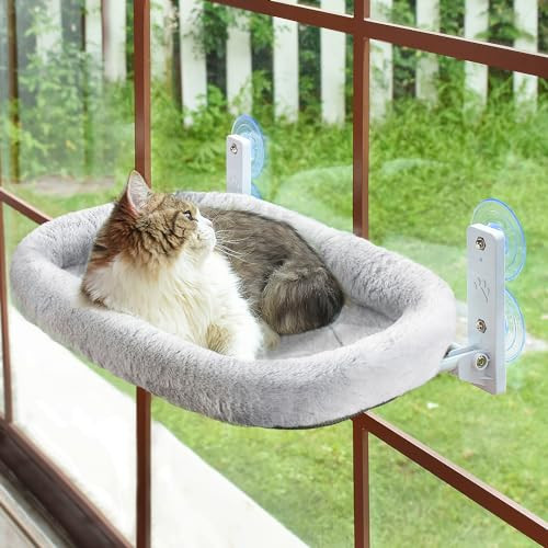 AMOSIJOY Cordless Cat Window Perch, Cat Hammock for Wall with 4 Strong Suction Cups, Solid Metal Frame and Two Replaceable Covers, Foldable Cat Beds for Indoor Cats (Large-Cushion Bed-Gray) | Amazon (US)