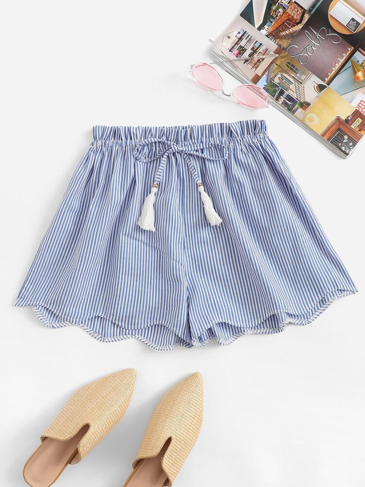Striped Tassel Drawstring Scalloped Shorts | SHEIN