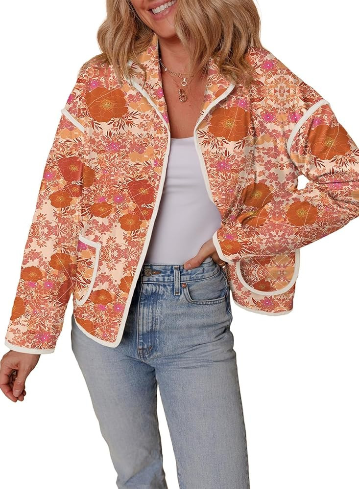 Womens Floral Quilted Jackets Lightweight Cropped Button Down Padded Puffer Jacket Winter Warm Co... | Amazon (US)