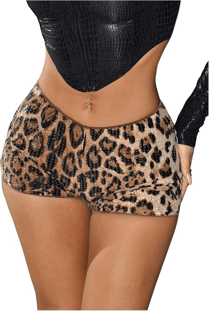 SHENHE Women's Glitter Sequin Leopard Shorts Low Rise Sexy Rave Club Booty Shorts Hot Pants | Amazon (US)