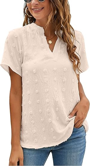 Blooming Jelly Womens White Chiffon Blouses Short Sleeve V Neck Shirts Summer Casual Polka Dot To... | Amazon (US)