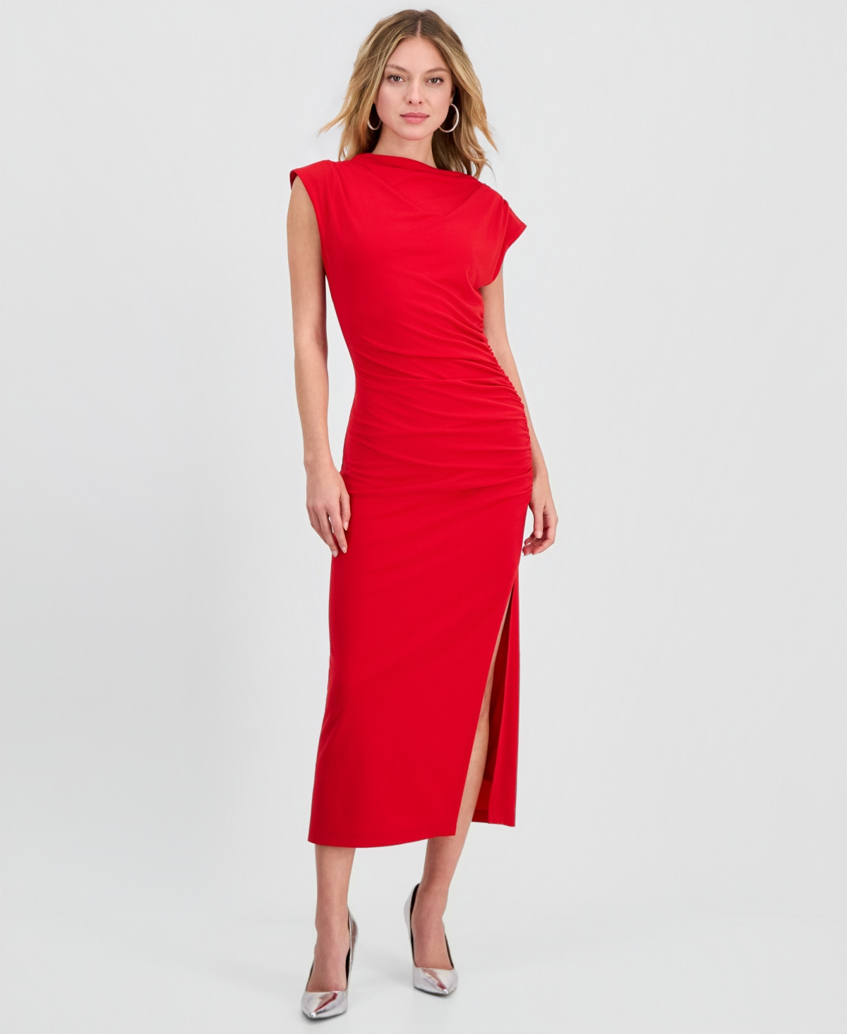 Robbie Bee Women's Ruched Side-Slit Midi Dress - Red | Macy's