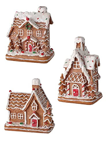 RIBC Set of 3 Gingerbread Candy Houses in Clay Dough Resin with Frosted Snow LooK, 5 to 6 Inches Tall, Christmas Village Decor, Brown White | Amazon (US)