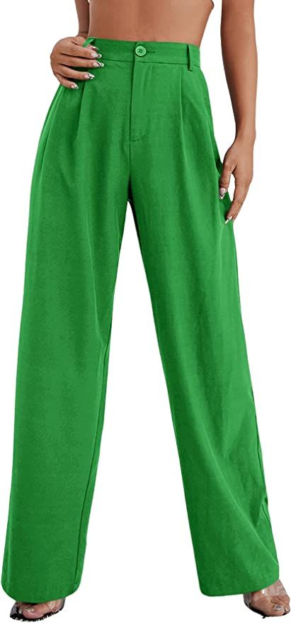 SweatyRocks Women's Casual Wide Leg High Waisted Button Down Straight Long Trousers Pants | Amazon (US)