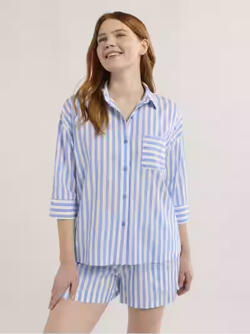 Joyspun Women’s Woven ¾ Sleeve Notch Collar Top and Boxer Shorts Pajama Set, Sizes XS-3X | Walmart (US)