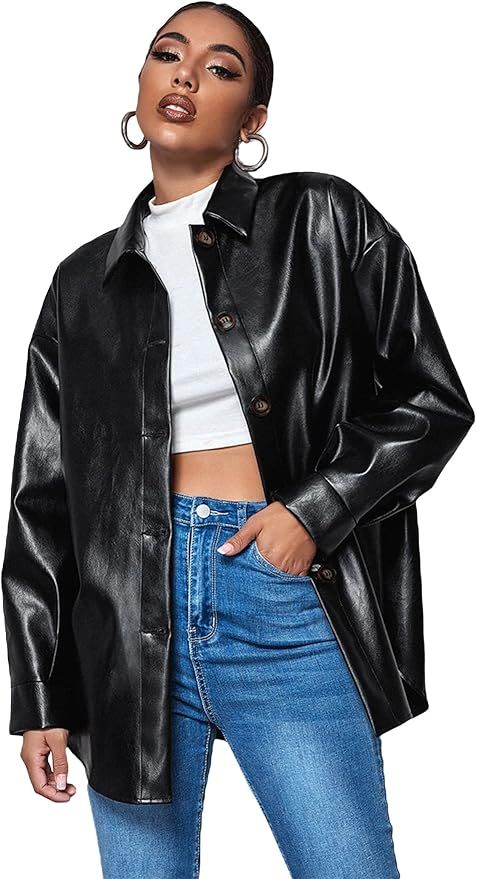 MakeMeChic Women's Faux Leather Jacket Button Front Motorcycle Coat Outerwear at Amazon Women's C... | Amazon (US)