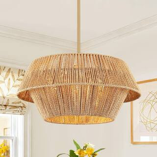 4-Light Gold Farmhouse Boho Chandelier, Double-Tier Conical Handwoven Rope Shade for Kitchen, Dining Room and Bedroom | The Home Depot