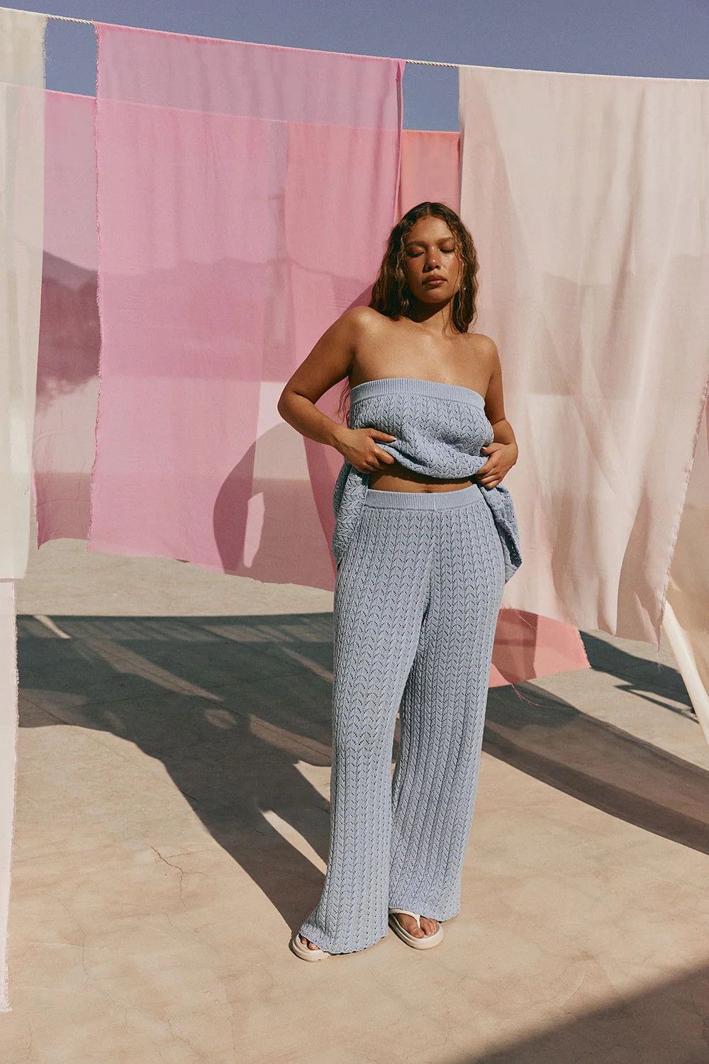 Blue Pointelle Knit High Waist Athena Pants | Sabo Skirt US