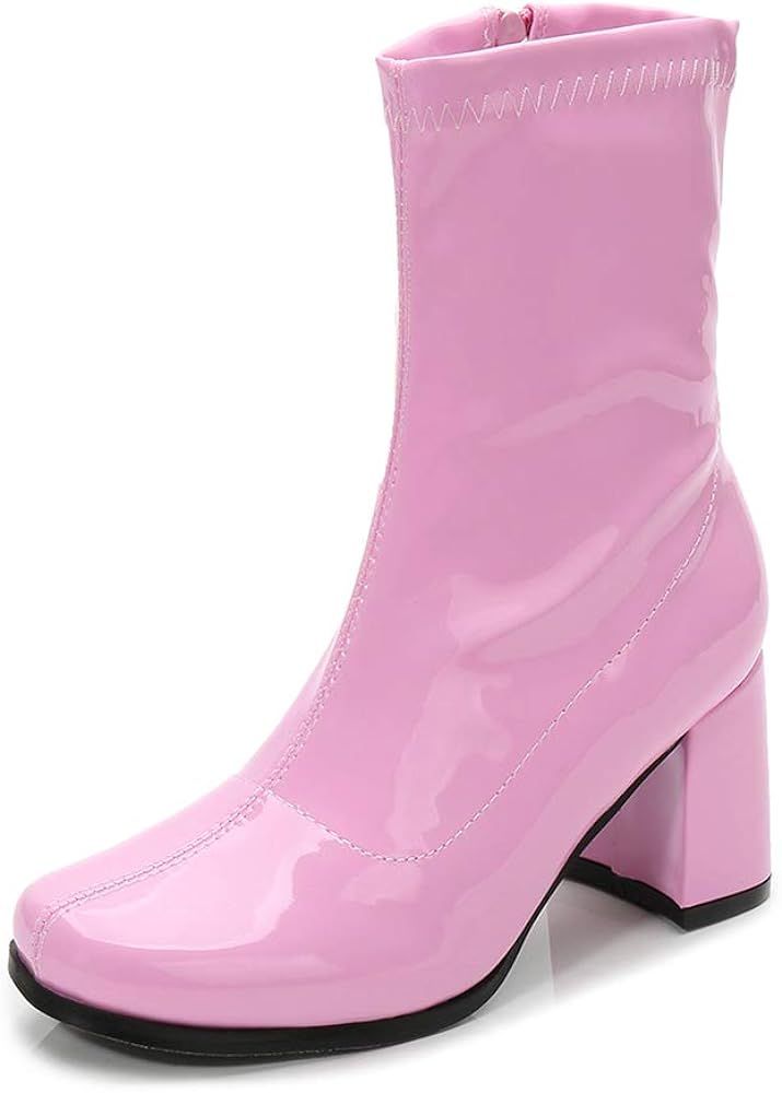 Women's Go Go Boots Mid Calf Block Heel Zipper Boot Ankle Boots Low Block Heel Short Booties Shoes | Amazon (US)