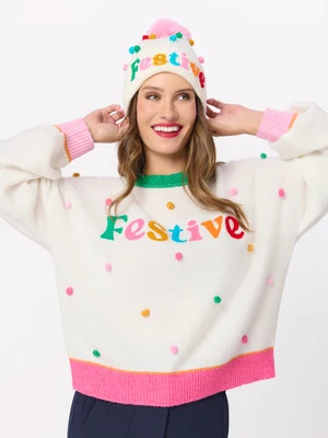 Shiraleah "Festive" Pom Pom Relaxed Sweater, Ivory | Shiraleah