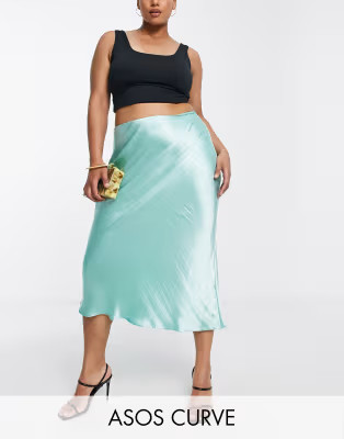 ASOS DESIGN Curve satin bias midi skirt in mint green | ASOS (Global)