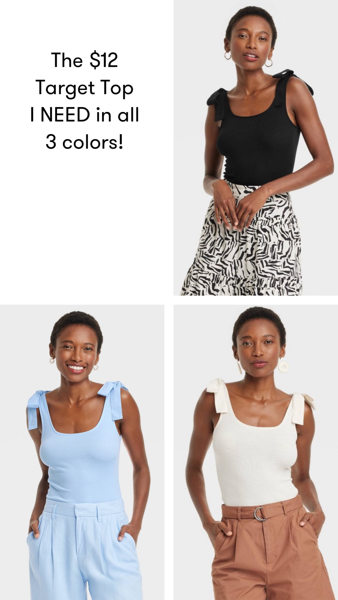 This target tie top is adorable, i need it in all three colors, Pairs well with high waisted shirts or a maxi skirt or denim! Can’t beat $12! 

#LTKFindsUnder50 #LTKParties #LTKWorkwear