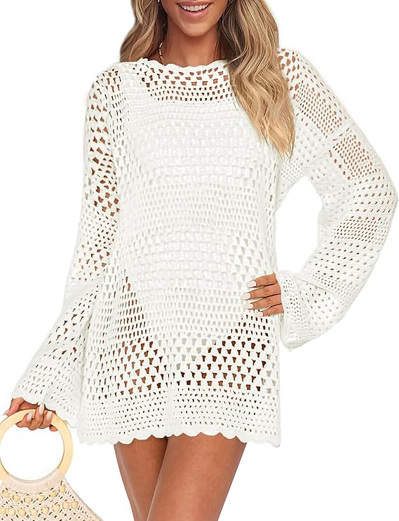 PRETTYGARDEN Women's Swimsuit Cover Up Long Sleeve Knit Crochet Bathing Suit Swimwear Beach Dress... | Amazon (US)