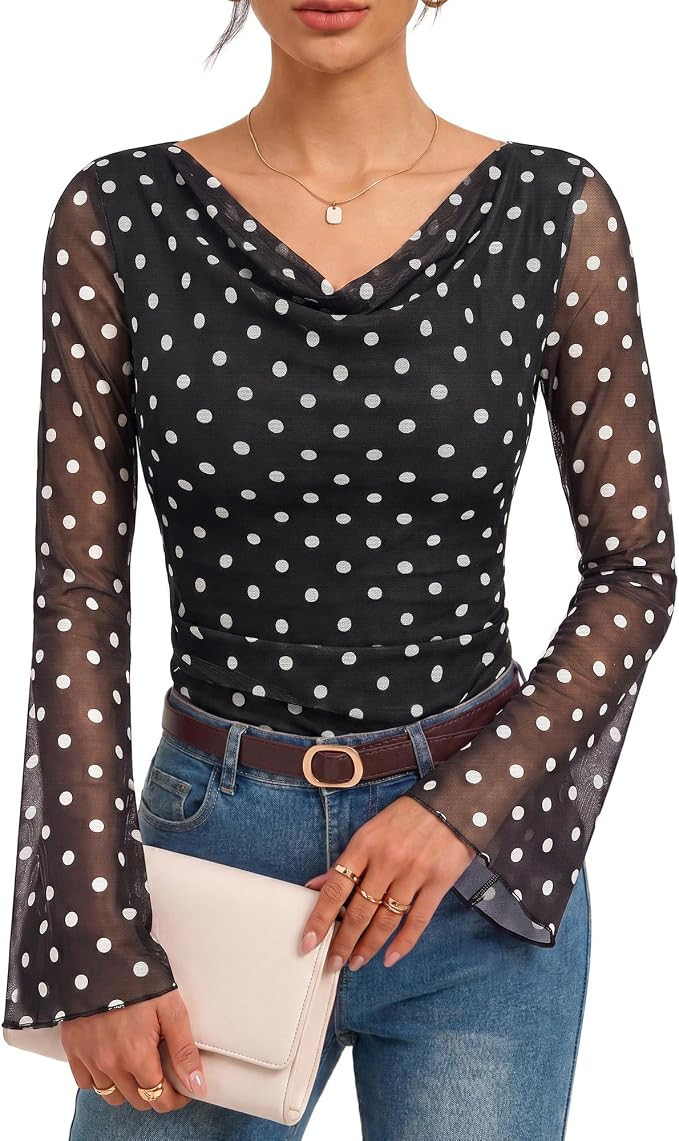 GRACE KARIN Women Boho Mesh Blouses Dressy Casual Cowl Neck Going Out Tops | Bell Long Sleeve Wor... | Amazon (US)