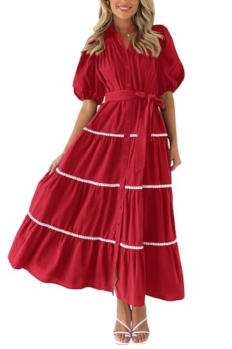 PRETTYGARDEN Women's Summer Button Down Shirt Dress Short Puffy Sleeve Tiered Ruffle Flowy Long M... | Amazon (US)