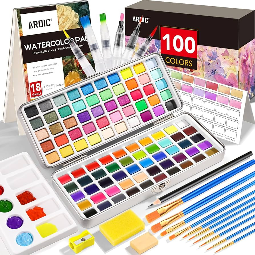 AROIC 100 Colors Watercolor Paint Set,in Portable Box,Include Pearl light & Fluorescent Color, 10... | Amazon (US)