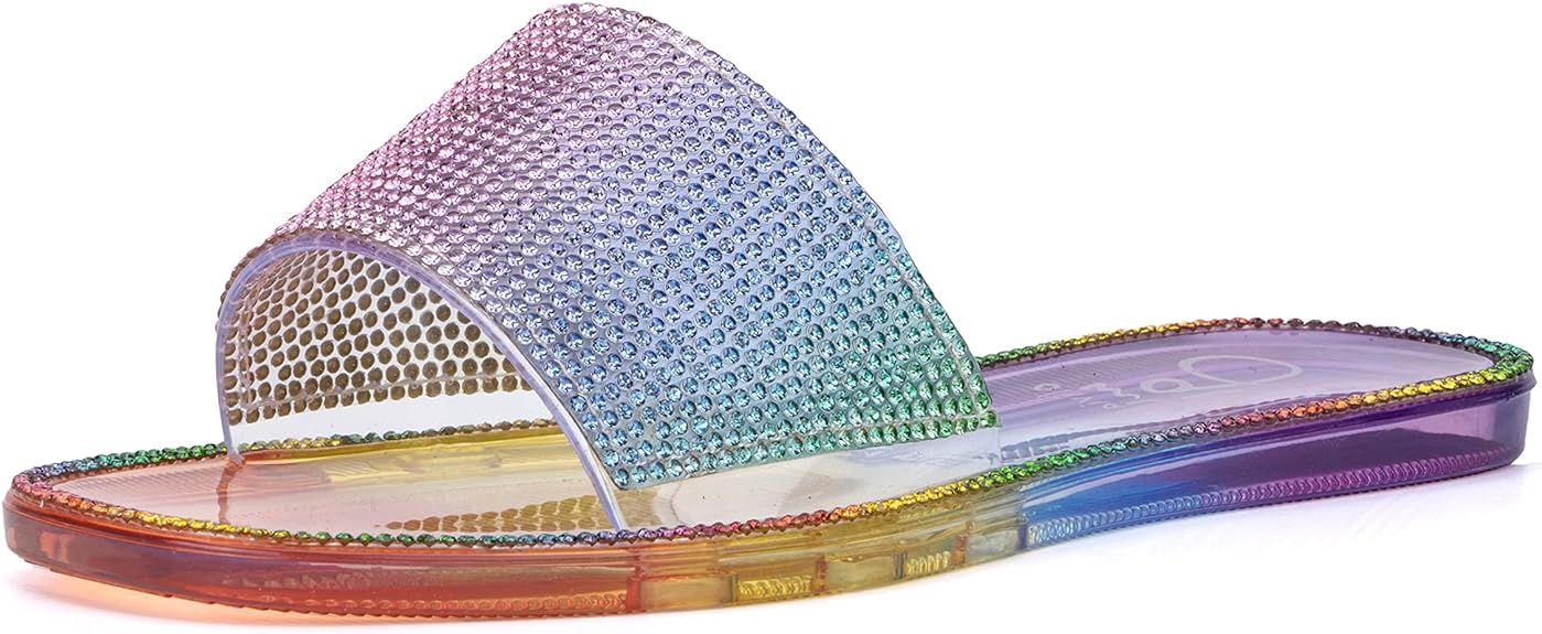Olivia Miller Kid's Girl Fashion Shoes, Rainbow Multicolor PVC Jelly w Rhinestones Single Band Sl... | Amazon (US)