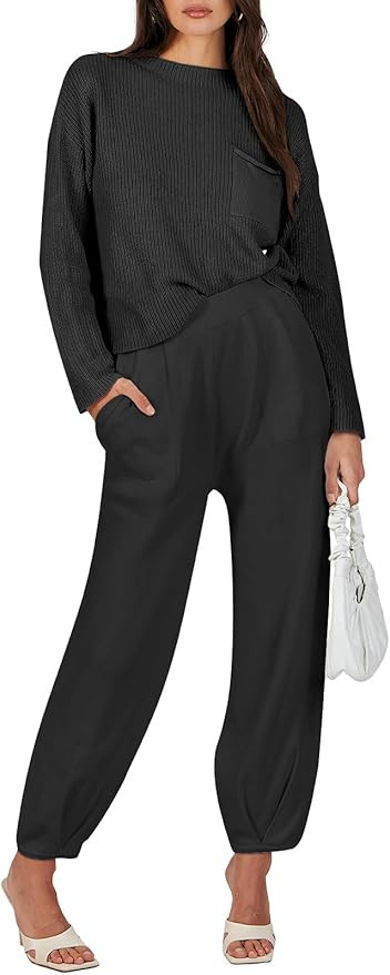 ANRABESS Women's Two Piece Outfits Long Sleeve Knit Top Fall Sweater Set Oversized Pants Tracksui... | Amazon (US)