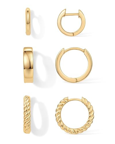 PAVOI 18K Yellow Gold Plated 925 Sterling Silver Posts 4 Pairs Small Hoop Earrings for Women - Four Gold Earring Set Plain Rope Wide Huggie Hoop Earscape Pack | Amazon (US)