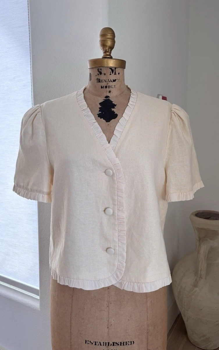 Reformation Bess Linen Ruffle Blouse Ivory Puff Sleeve Button Front Top L | eBay UK