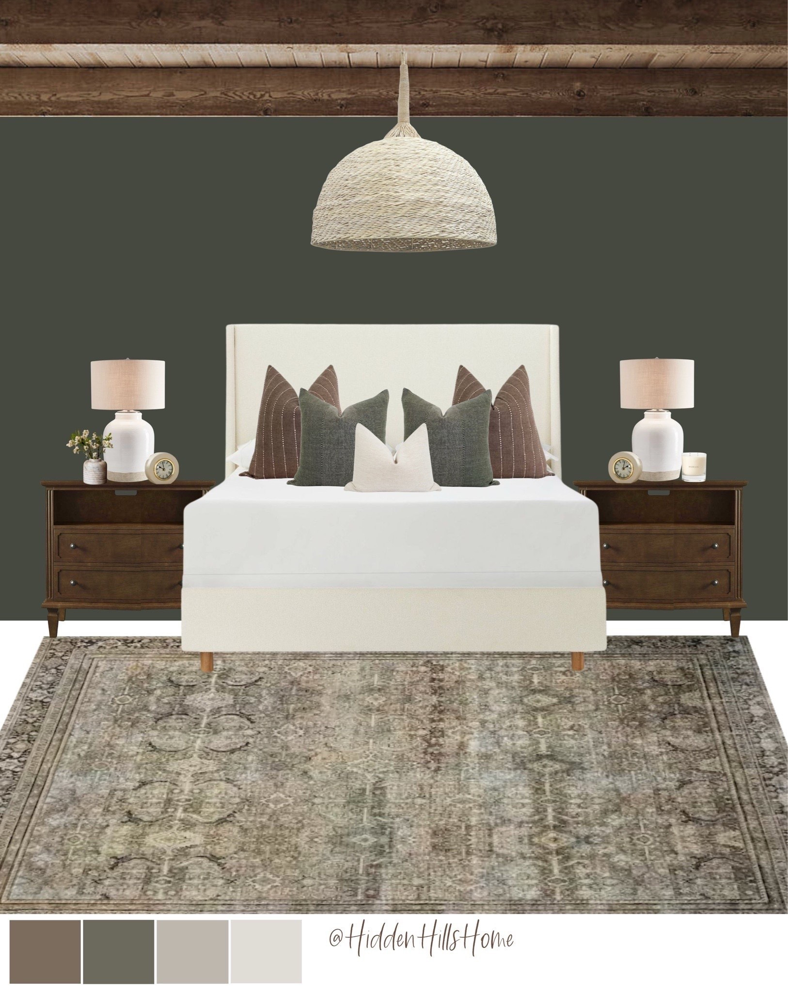 Bedroom decor ideas, moody bedroom decor inspiration, master bedroom design, home decor, primary bedroom mood board, green and brown bedroom #bedroom 

Walls are SW Ripe Olive