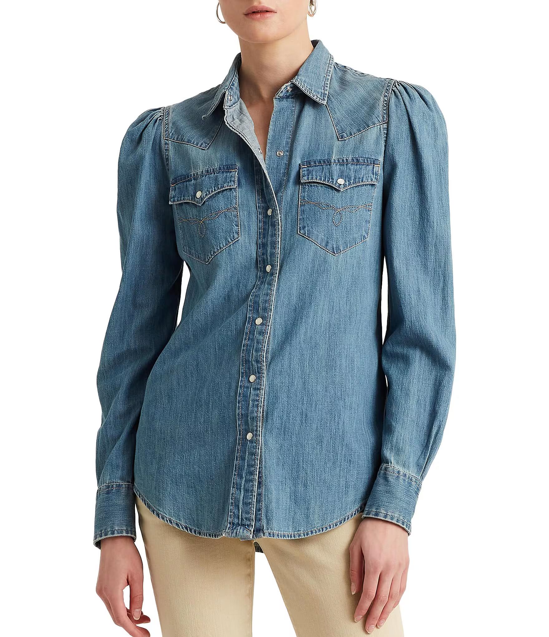 Denim Long Puff Sleeve Snap Front Point Collar Cotton Western Shirt | Dillards