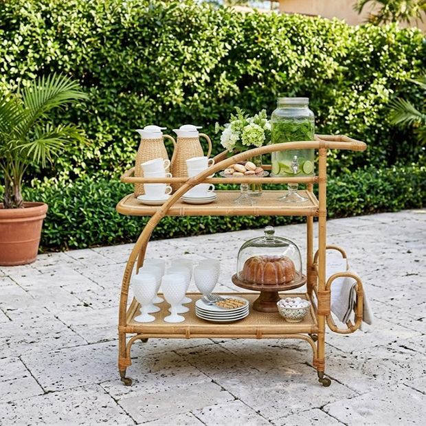 Woven Rattan 2 Tier Bar Cart | Antique Farm House