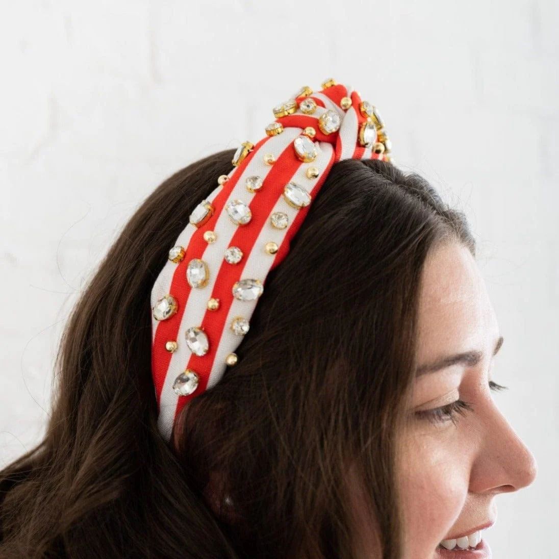 Red & White Striped Canvas Jeweled Headband | La Bella Shop