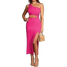 Pink Queen Women's One Shoulder Sleeveless Cutout Side Slit Bodycon Maxi Long Dress | Amazon (US)