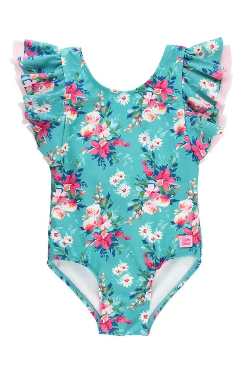 RuffleButts Kids' Fancy Me Floral Butterfly Sleeve One-Piece Swimsuit in Teal Blue at Nordstrom, Size 2T | Nordstrom