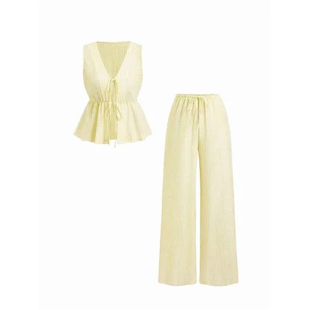 Women S Summer Two-Piece Suit Striped Print Sleeveless Lace-Up Vest Tank Top Pants Beach Holiday Set Yellow S | Walmart (US)