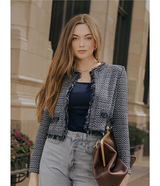 MISOOK x Lani Lynn Tweed Knit Round Neck Long Sleeve Fringe Trim Jacket | Dillard's | Dillard's