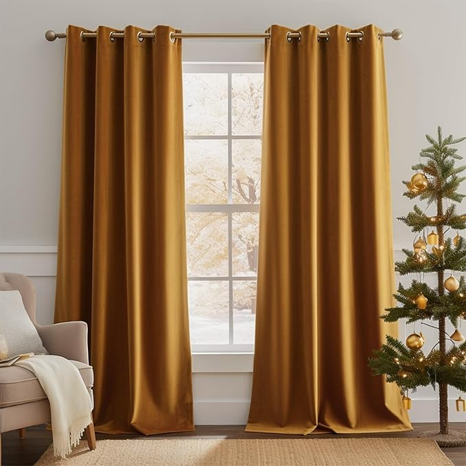 Lazzzy Blackout Velvet Curtains Gold Thermal Insulated Curtains 96 inch Long Drapes for Bedroom L... | Amazon (US)