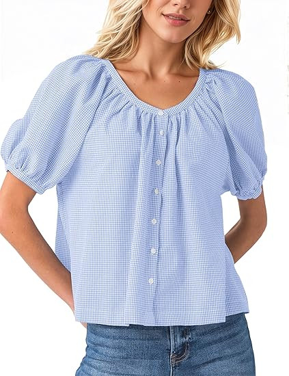 MISSACTIVER Plaid Puff Short Sleeve Shirts Women Button Down Crew Neck Babydoll Tops Summer Flowy... | Amazon (US)