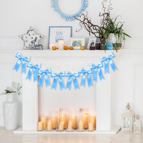 1 String of 8PCS Blue Bow Garland Banner Decoration,Pre-Strung Satin Ribbon Ornaments for Birthday,Bachelorette Party,Bridal Shower,Wedding,Engagement,Baby Shower,Graduation Decor,Anniversary | Amazon (US)