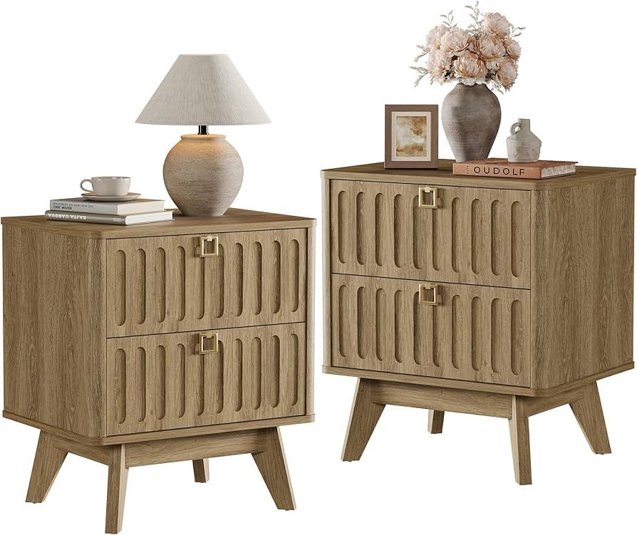 SICOTAS Nightstand Set of 2, Modern Fluted Bedside Table with 2 Drawers and Gold Handle, 21" Wide... | Amazon (US)