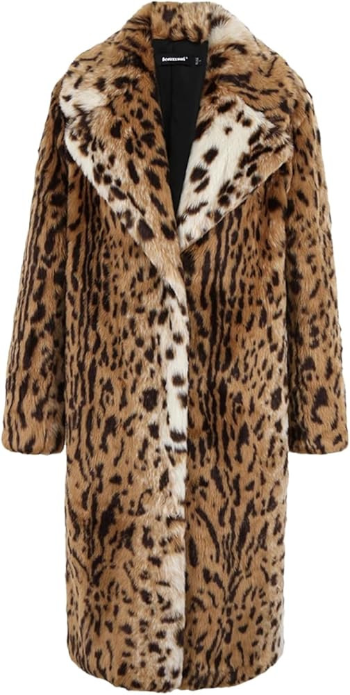 Women Winter Long Loose Thick Warm Soft Fluffy Leopard Print Lapel Runway European Faux Fur Coat | Amazon (US)