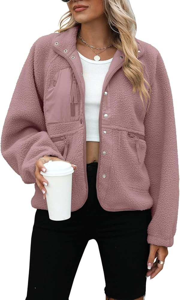 Yanekop Womens Fleece Jacket Fuzzy Long Sleeve Short Winter Coats Button Down Sherpa Jacket Outer... | Amazon (US)