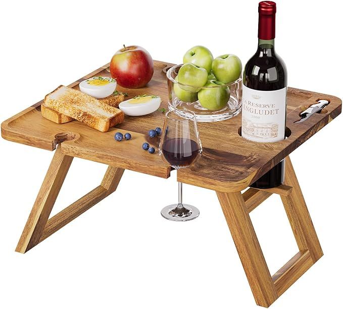 Acacia Wood Wine Picnic Table, Outdoors Low Floor Portable Beach Table, Foldable Cheese Tray for ... | Amazon (US)