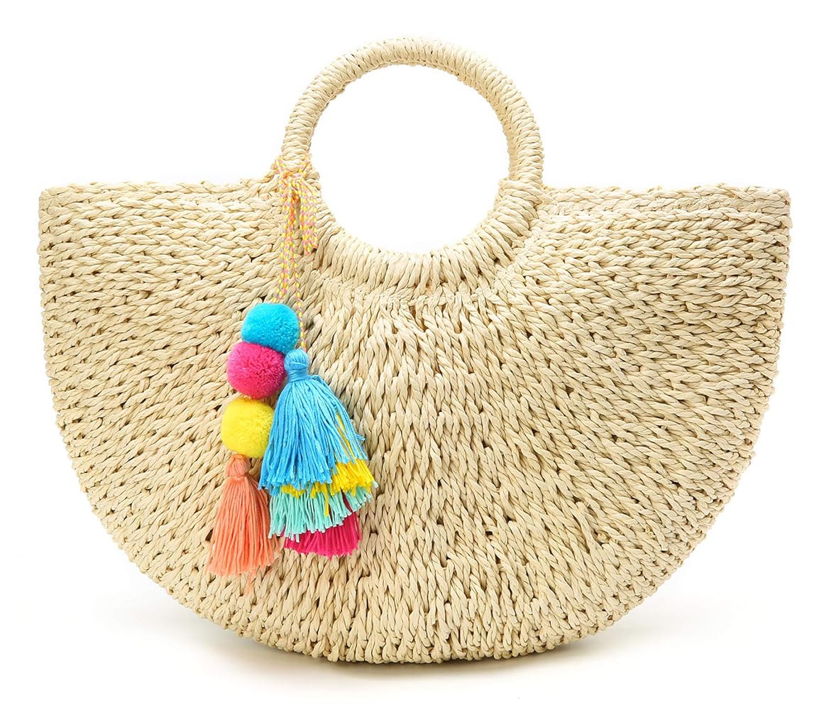 Epsion Womens Large Straw Beach Tote Bag Hobo Summer Handwoven Bags Purse wth Pom Poms | Amazon (US)
