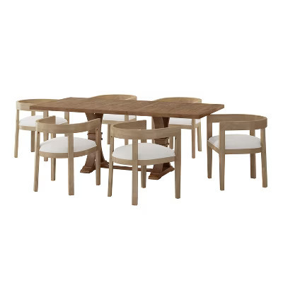 Christopher Knight Home Hudson 7 Pieces Upholstered Wood Extended Dining Set with Pedestal Base, Natural/Light Ash/Beige | Target