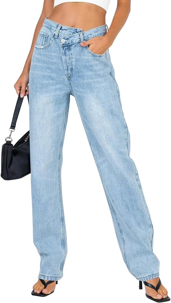 PLNOTME Women's Low Waisted Jeans Trendy Straight Leg Boyfriend Crossover Casual Denim Pants | Amazon (US)