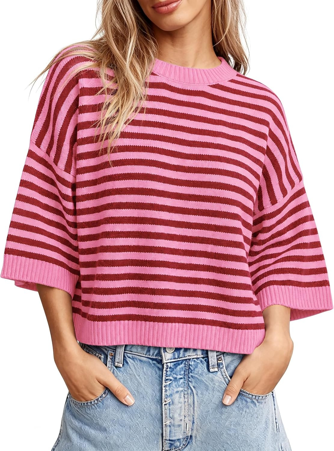 Springrain Women Striped Knit Sweater Crew Neck Tops Pullover | Amazon (US)