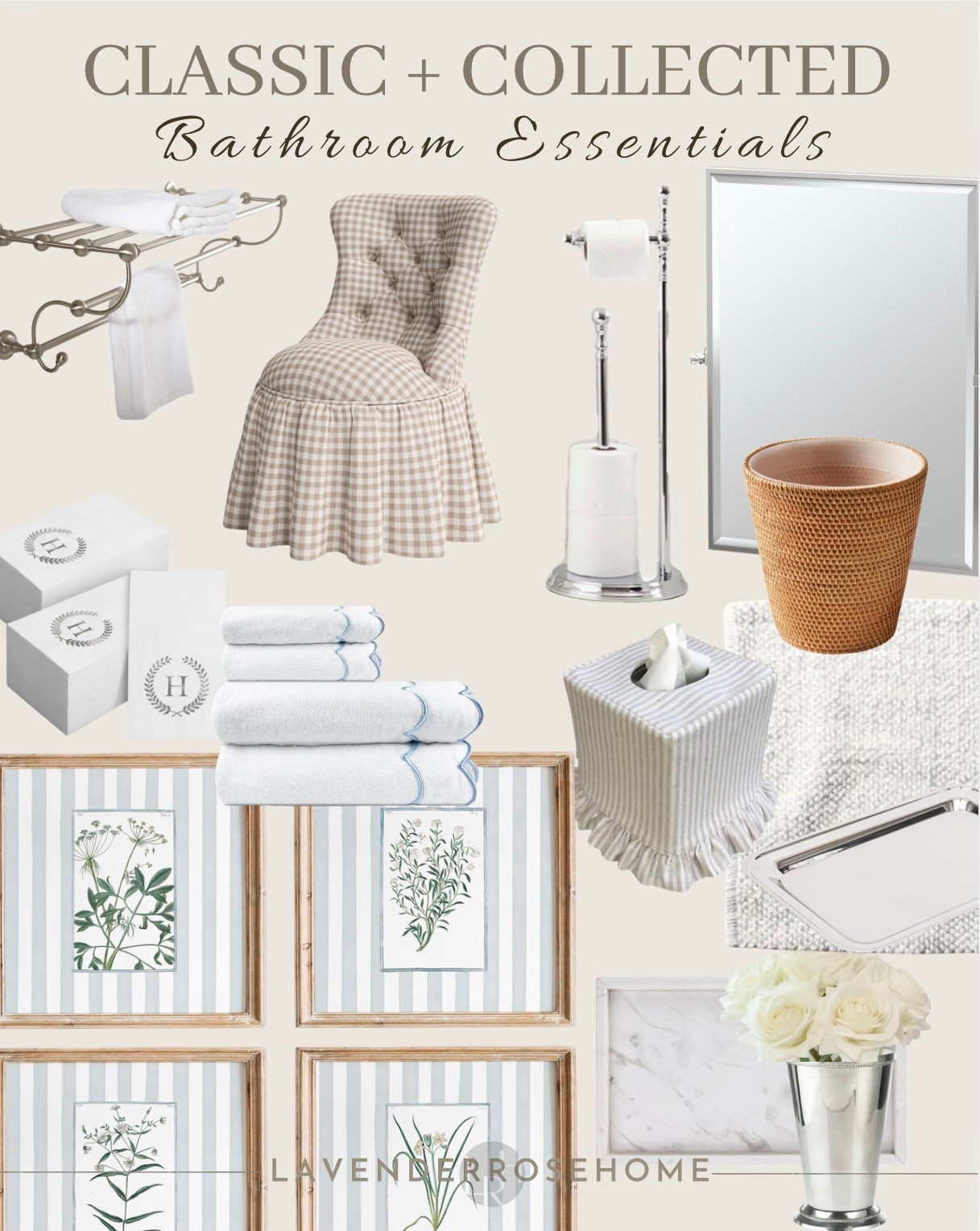 Bathroom. Bathroom Essentials. Vanity Chair. Tissue Box Cover. Towel Rack. Polished Nickel. Wastebasket. Marble Tray. Bathroom Tissue Holder. Guest Towels. Botanicals. Mint Julep Cup. Silver Tray. Bathroom Mirror. Pottery Barn. Amazon. Walmart. Lavender Rose Home. Timeless Classic Home.

#LTKHome