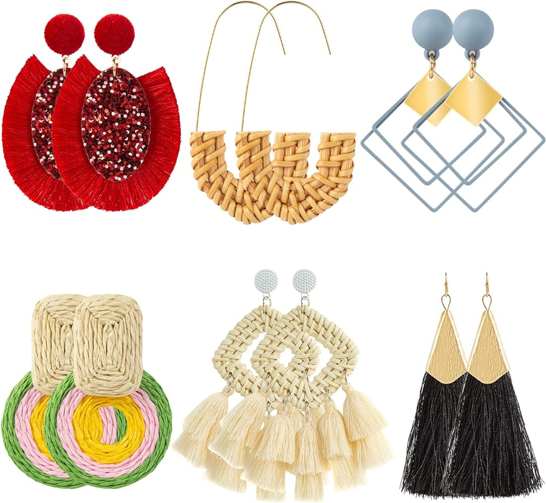 Ponpon 6-18 Pairs Earrings for Women, Lightweight Summer Earrings Straw Earrings Fashion Geometri... | Amazon (US)