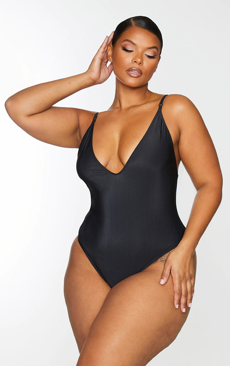 Plus Black Basic Low Scoop Swimsuit | PrettyLittleThing UK