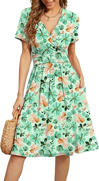 WEACZZY Women's Summer Short Sleeve Casual Dresses V-Neck Floral Party Dress with Pockets | Amazon (US)